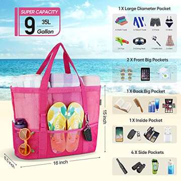 BALEINE Large Beach Bag Pool Bags, Mesh Beach Tote for Toys, Towel, flip flops, Pink