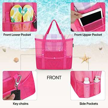 BALEINE Large Beach Bag Pool Bags, Mesh Beach Tote for Toys, Towel, flip flops, Pink