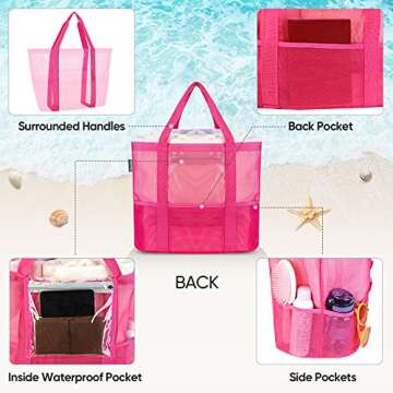 BALEINE Large Beach Bag Pool Bags, Mesh Beach Tote for Toys, Towel, flip flops, Pink