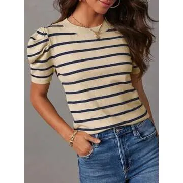 Dokotoo Women's Short Puff Sleeve Knit Tops 2025 Trendy Crewneck Striped T Shirts Casual Summer Blouses