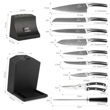 NANFANG BROTHERS Knife Set, 15-Piece Damascus Kitchen Knife Set with Block, ABS Ergonomic Handle for Chef Knife Set, Carving Fork, Disconnect-type Knife Block Set (Black)