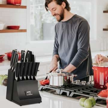 NANFANG BROTHERS Knife Set, 15-Piece Damascus Kitchen Knife Set with Block, ABS Ergonomic Handle for Chef Knife Set, Carving Fork, Disconnect-type Knife Block Set (Black)