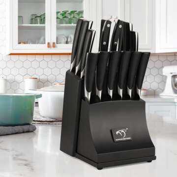 NANFANG BROTHERS Knife Set, 15-Piece Damascus Kitchen Knife Set with Block, ABS Ergonomic Handle for Chef Knife Set, Carving Fork, Disconnect-type Knife Block Set (Black)