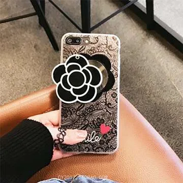iPhone 8 Plus/7 Plus Soft Case with Elegance Camellia Rotating Mirror IPLUS Clear Lace Protective TPU Flexible Case Cover for Apple iPhone 8 Plus/7 Plus(iPhone 8 Plus/7 Plus, Black Camellia)