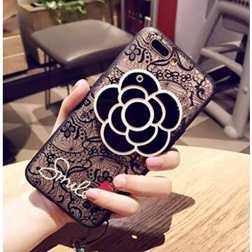 iPhone 8 Plus/7 Plus Soft Case with Elegance Camellia Rotating Mirror IPLUS Clear Lace Protective TPU Flexible Case Cover for Apple iPhone 8 Plus/7 Plus(iPhone 8 Plus/7 Plus, Black Camellia)