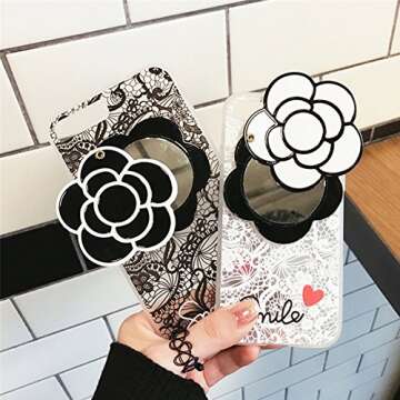 iPhone 8 Plus/7 Plus Soft Case with Elegance Camellia Rotating Mirror IPLUS Clear Lace Protective TPU Flexible Case Cover for Apple iPhone 8 Plus/7 Plus(iPhone 8 Plus/7 Plus, Black Camellia)