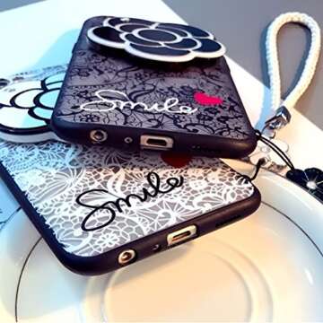 iPhone 8 Plus/7 Plus Soft Case with Elegance Camellia Rotating Mirror IPLUS Clear Lace Protective TPU Flexible Case Cover for Apple iPhone 8 Plus/7 Plus(iPhone 8 Plus/7 Plus, Black Camellia)