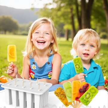 Miaowoof Homemade Popsicle Molds, 10-Cav Non-BPA Silicone Ice Pop Maker, with 50 Sticks, 50 Bags, 10 Reusable Sticks, Funnel, Brush and Ice Pop Recipe (White)