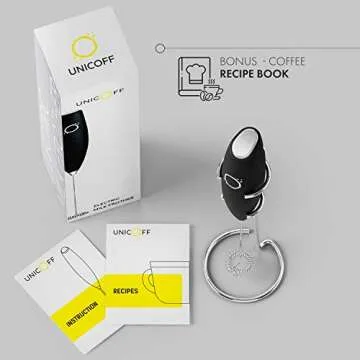 Handheld Milk Frother for Coffee – Stainless Steel Coffee Frother Electric Drink Mixer & Matcha Whisk Frother Handheld – Ergonomic Hand Frother with Stand & Recipes – by Unicoff (Black)