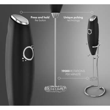 Handheld Milk Frother for Coffee – Stainless Steel Coffee Frother Electric Drink Mixer & Matcha Whisk Frother Handheld – Ergonomic Hand Frother with Stand & Recipes – by Unicoff (Black)