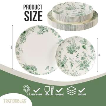Trendables 80 Piece Plastic Disposable Plates Set For 40 Guests I 40 X 8 Inch Dessert Plates & 40 X 10 Inch Disposable Plastic Plates | Wedding Party Plates | Ivory & Green Verdure Design