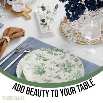 Trendables 80 Piece Plastic Disposable Plates Set For 40 Guests I 40 X 8 Inch Dessert Plates & 40 X 10 Inch Disposable Plastic Plates | Wedding Party Plates | Ivory & Green Verdure Design