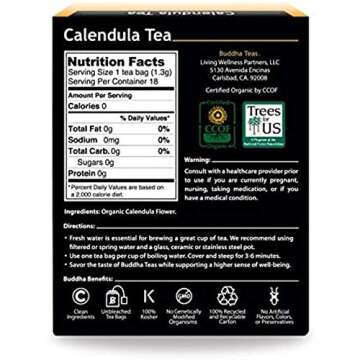 Buddha Teas Organic Calendula Flower Tea - OU Kosher, USDA Organic, CCOF Organic, 18 Bleach-Free Tea Bags