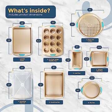 Perlli Baking Pan 8 Piece Set Nonstick Gold Carbon Steel Oven Bakeware Kitchen Set with Silicone Han...