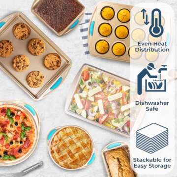 Perlli Baking Pan 8 Piece Set Nonstick Gold Carbon Steel Oven Bakeware Kitchen Set with Silicone Handles, Cookie Sheet, Roasting Pan, Lid, Square Pan, Pie Pan, Loaf Pan, Pizza Crisper, Muffin Pan