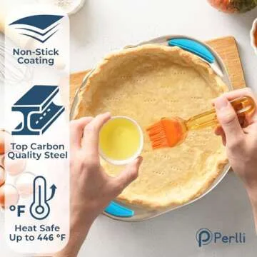 Perlli Baking Pan 8 Piece Set Nonstick Gold Carbon Steel Oven Bakeware Kitchen Set with Silicone Handles, Cookie Sheet, Roasting Pan, Lid, Square Pan, Pie Pan, Loaf Pan, Pizza Crisper, Muffin Pan