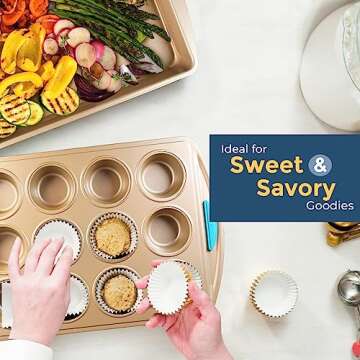 Perlli Baking Pan 8 Piece Set Nonstick Gold Carbon Steel Oven Bakeware Kitchen Set with Silicone Handles, Cookie Sheet, Roasting Pan, Lid, Square Pan, Pie Pan, Loaf Pan, Pizza Crisper, Muffin Pan