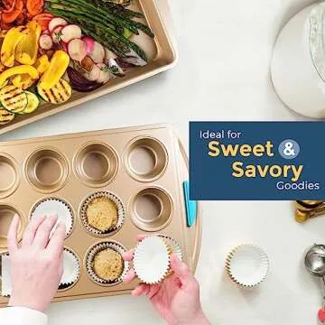 Perlli Baking Pan 8 Piece Set Nonstick Gold Carbon Steel Oven Bakeware Kitchen Set with Silicone Handles, Cookie Sheet, Roasting Pan, Lid, Square Pan, Pie Pan, Loaf Pan, Pizza Crisper, Muffin Pan