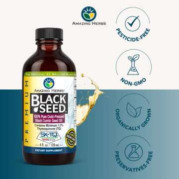 Amazing Herbs Premium Black Seed Oil - Gluten Free, Non GMO, Cold Pressed Nigella Sativa Aids in Digestive Health, Immune Support, Brain Function - 4 Fl Oz