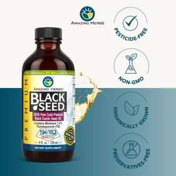 Amazing Herbs Premium Black Seed Oil - Gluten Free, Non GMO, Cold Pressed Nigella Sativa Aids in Digestive Health, Immune Support, Brain Function - 4 Fl Oz