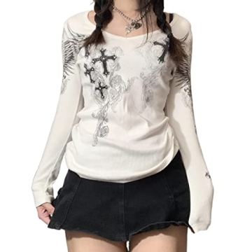 vaflower Y2K Long Sleeve Patchwork Top for Women