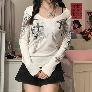 vaflower Y2K Long Sleeve Patchwork Top for Women