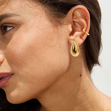 Tewiky Chunky Gold Teardrop Hoop Earrings for Women, Lightweight Hypoallergenic 14K Gold Plated Open...