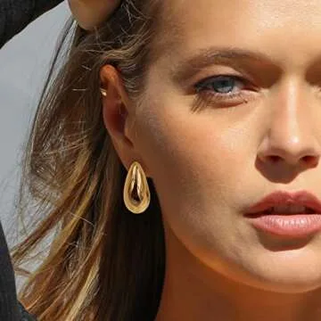 Tewiky Chunky Gold Teardrop Hoop Earrings for Women, Lightweight Hypoallergenic 14K Gold Plated Open Thick Drop Earrings Big Simple Half Fashion Jewelry for Teen