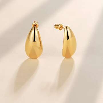 Tewiky Chunky Gold Teardrop Hoop Earrings for Women, Lightweight Hypoallergenic 14K Gold Plated Open Thick Drop Earrings Big Simple Half Fashion Jewelry for Teen