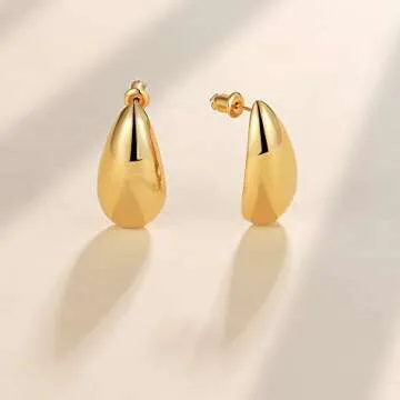 Tewiky Chunky Gold Teardrop Hoop Earrings for Women, Lightweight Hypoallergenic 14K Gold Plated Open Thick Drop Earrings Big Simple Half Fashion Jewelry for Teen