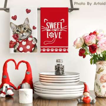 Artoid Mode Red Cat Heart Scarf Sweet Love Valentine's Day Kitchen Towels Dish Towels, 18x26 Inch An...