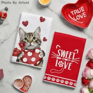 Artoid Mode Red Cat Heart Scarf Sweet Love Valentine's Day Kitchen Towels Dish Towels, 18x26 Inch Anniversary Wedding Decoration Hand Towels Set of 2