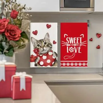 Artoid Mode Red Cat Heart Scarf Sweet Love Valentine's Day Kitchen Towels Dish Towels, 18x26 Inch Anniversary Wedding Decoration Hand Towels Set of 2