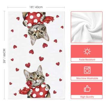Artoid Mode Red Cat Heart Scarf Sweet Love Valentine's Day Kitchen Towels Dish Towels, 18x26 Inch Anniversary Wedding Decoration Hand Towels Set of 2