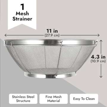 Large Fine Mesh Strainer for Kitchen - Metal Stainless Steel Colander for Rice, Pasta, Quinoa, Yogurt (11x4 In)