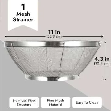 Large Fine Mesh Strainer for Kitchen - Metal Stainless Steel Colander for Rice, Pasta, Quinoa, Yogurt (11x4 In)