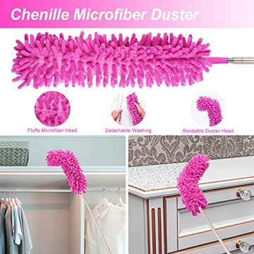CALBEAU 15PCS Microfiber Feather Duster Set Bendable & Washable with 100-inch Extension Pole Dusters for Cleaning High Ceiling Fan, Blinds, Cars, Furniture, Cleaning Tools Kit for Women