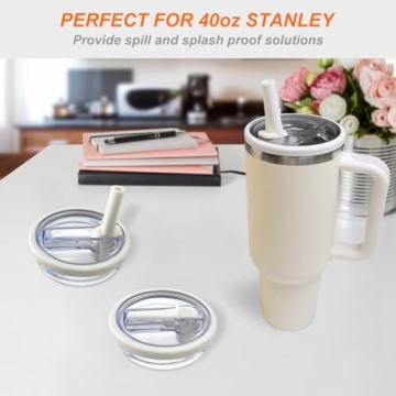 2 Pack Flip Straw Leak Proof Lid for Stanley 40 oz Tumbler Quencher - 40oz Reusable Spill Proof Lid Top Cover Stanley Cup Accessories - Replacement of Leaking Original Stanley Lids - Beige