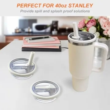 2 Pack Flip Straw Leak Proof Lid for Stanley 40 oz Tumbler Quencher - 40oz Reusable Spill Proof Lid Top Cover Stanley Cup Accessories - Replacement of Leaking Original Stanley Lids - Beige