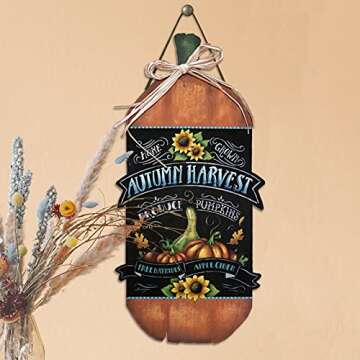 Autumn Harvest Pumpkin Wood Sign by StudioR12 | Fall Home Decor | Gourd Sunflower Leaves | Hayrides Apple Cider | 13 x 6.5 INCHES