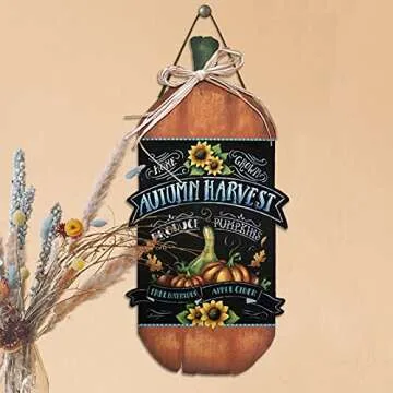 Autumn Harvest Pumpkin Wood Sign by StudioR12 | Fall Home Decor | Gourd Sunflower Leaves | Hayrides Apple Cider | 13 x 6.5 INCHES