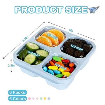 6 Pack Snack Containers, 4 Compartment Divided Snack Container for Kids, Bento Snack Box for Adults,...