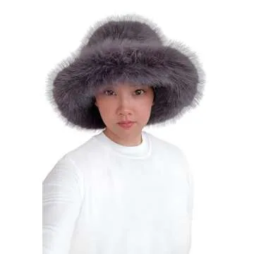 Lina & Lily Oversized Winter Faux Fur Bucket Hat - Dark Gray
