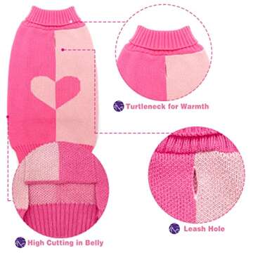 cyeollo Dog Sweaters Valentines Day Dog Clothes Pullover Turtleneck Pink Heart Holiday Theme Female Pet Apparel Sweaters for Small Dogs