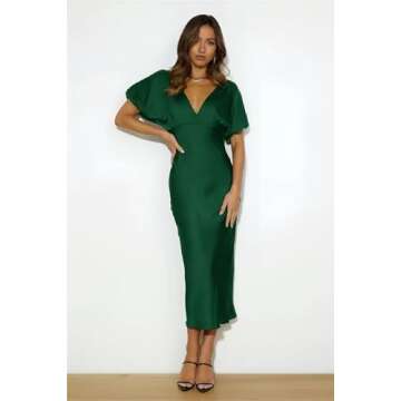 Glamorous Satin V Neck Puffy Sleeves Empire Waist Midi Dress for Weddings & More