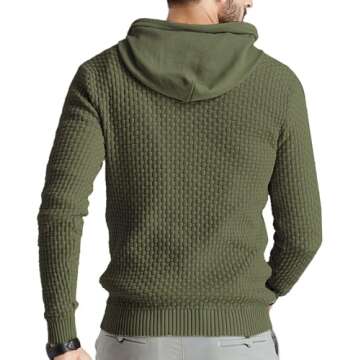 Zaitun Mens Hooded Sweatshirt Long Sleeve Solid Knitted Hoodie Pullover Sweater Army Green
