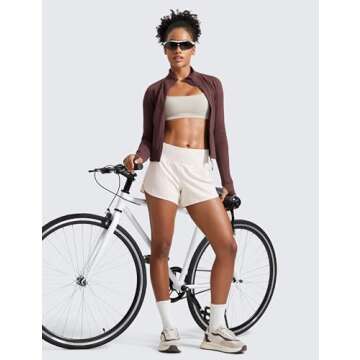 CRZ YOGA Mid Waisted Running Shorts for Women Soft for Gym Athletic Workout with Zipper Pocket Liner Quick Dry Milky White (Bone) Medium