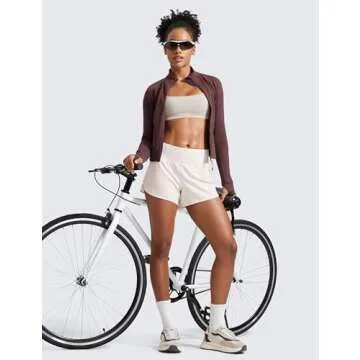 CRZ YOGA Mid Waisted Running Shorts for Women Soft for Gym Athletic Workout with Zipper Pocket Liner Quick Dry Milky White (Bone) Medium