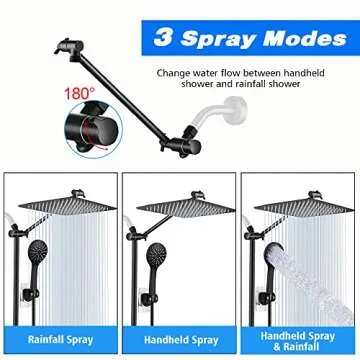 UPGRADED 10" Black Shower Head with Handheld Spray Waterfall Showerhead High Pressure Detachable Shower Head with Hose & 12" Shower Head Extension Arm Free Shower Head Filter for Hard Water + 4 Hooks