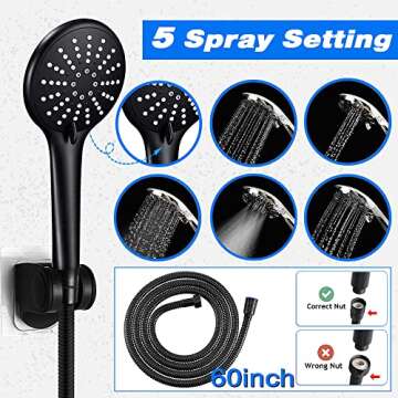 UPGRADED 10" Black Shower Head with Handheld Spray Waterfall Showerhead High Pressure Detachable Shower Head with Hose & 12" Shower Head Extension Arm Free Shower Head Filter for Hard Water + 4 Hooks